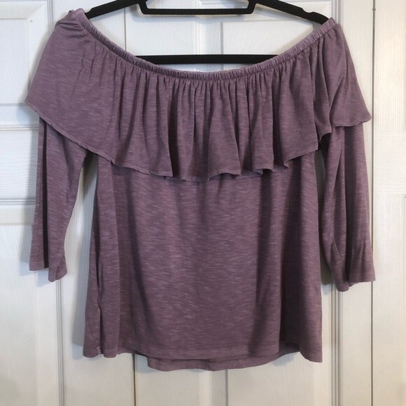 AMERICAN EAGLE Mauve Rose Pink Medium Off Shoulder Ruffle Flowy 3/4 Sleeves - Picture 6 of 6